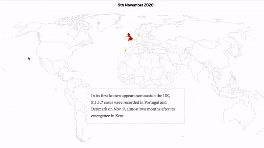 Here I did the scroll step d3 maps you see, where you progress through multiple stages of the variants proliferating across the globe. One is of Great Britain, the other of the entire world. I created one Svelte component that is called twice and passed different props.